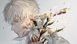  1boy bangs burning closed_mouth collared_shirt embers flower gojou_satoru highres hm_36xx jujutsu_kaisen looking_away male_focus portrait shirt short_hair solo white_background white_flower white_hair white_shirt 