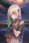  1girl absurdres blonde_hair clouds cloudy_sky commentary green_hair hair_over_one_eye hand_on_own_face highres long_bangs long_hair looking_at_viewer midriff multicolored_hair nababa navel ocean original pink_hair sky solo yellow_eyes 