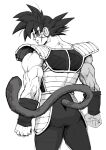  1boy absurdres armor ass bardock clenched_hands dragon_ball dragon_ball_super english_commentary from_behind greyscale guillem_dauden highres looking_to_the_side male_focus monkey_tail monochrome muscular saiyan_armor scar scar_on_cheek scar_on_face scouter serious simple_background sketch skin_tight solo spiky_hair tail white_background 