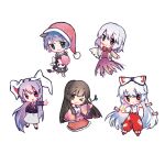 5girls :3 :d animal_ears bangs black_hair black_jacket blob blue_eyes blue_hair bow bowtie branch brown_eyes chibi closed_mouth commeowdore doremy_sweet dream_soul dress eyebrows_visible_through_hair fire fujiwara_no_mokou full_body grey_skirt hair_bow hand_in_pocket hat holding holding_branch houraisan_kaguya jacket japanese_clothes jeweled_branch_of_hourai kimono kishin_sagume long_hair looking_at_viewer multiple_bows multiple_girls necktie nightcap ofuda ofuda_on_clothes open_mouth pants pink_kimono purple_dress purple_hair pyrokinesis rabbit_ears red_bow red_bowtie red_eyes red_headwear red_necktie red_pants red_skirt reisen_udongein_inaba shirt short_hair simple_background single_wing skirt smile suspenders tail tapir_tail touhou very_long_hair white_background white_jacket white_shirt white_wings wings