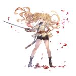  1girl blonde_hair brown_eyes closed_mouth floating_hair granblue_fantasy hand_up holding holding_sword holding_weapon looking_at_viewer minaba_hideo monika_weisswind official_art petals shirt shoes shorts simple_background solo standing sword transparent_background unsheathed weapon 