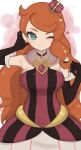  1girl ;) bangs bare_shoulders black_gloves blush breasts choker closed_mouth commentary_request crown dress elbow_gloves eyelashes gloves green_eyes hands_up heart highres long_hair looking_at_viewer mini_crown nuneno official_alternate_costume one_eye_closed orange_hair pokemon pokemon_(game) pokemon_masters_ex smile solo sonia_(pokemon) swept_bangs 
