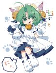  1girl absurdres ahoge animal_ear_fluff animal_ears bell blue_bow blush bow cat_tail color_guide dejiko di_gi_charat eyebrows_visible_through_hair eyes_visible_through_hair fang gloves green_eyes green_hair hat hat_bell highres maid medium_hair neck_bell open_mouth paw_print paw_print_background ryu_(17569823) simple_background solo speech_bubble tail tail_bow tail_ornament tongue v white_background white_gloves white_headwear 