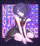  1girl ame-chan_(needy_girl_overdose) bangs black_hair black_nails black_ribbon black_skirt collar collared_shirt full_body hair_ornament hair_over_one_eye hair_tie hairclip highres jirai_kei long_hair looking_at_viewer multicolored_nails neck_ribbon needy_girl_overdose procreate_(medium) red_nails red_shirt ribbon shirt shirt_tucked_in sitting skirt solo suspender_skirt suspenders tongue tongue_out twintails violet_eyes weidadehansansama white_collar x_hair_ornament 