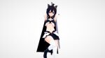  1girl 1other 3d alternate_eye_color animal_ears ankle_boots armpits arms_up bare_shoulders black_cloak black_footwear black_gloves black_hair black_shorts black_tail boots breasts bright_pupils cat_girl cat_tail cloak earrings feet_out_of_frame fingerless_gloves fran_(tensei_shitara_ken_deshita) gloves gold_earrings hair_between_eyes holding holding_sword holding_weapon jewelry korean_commentary looking_at_viewer medium_breasts medium_hair midriff navel o0o_(pixiv_58838089) riding_boots shishou_(tensei_shitara_ken_deshita) shorts simple_background stomach sword tail tensei_shitara_ken_deshita thigh-highs thighs violet_eyes weapon white_background white_legwear white_pupils 