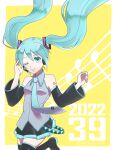  1girl 39 2022 ;) arm_tattoo bangs black_footwear black_skirt black_sleeves blue_hair blue_necktie boots border collared_shirt detached_sleeves dress_shirt floating_hair green_eyes grey_shirt hair_between_eyes hatsune_miku headphones headset highres long_hair long_sleeves microphone miniskirt necktie one_eye_closed pleated_skirt shiny shiny_hair shirt skirt sleeveless sleeveless_shirt smile solo standing tattoo thigh-highs thigh_boots twintails very_long_hair vocaloid white_border wing_collar yantauno27 yellow_background zettai_ryouiki 