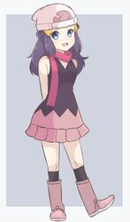  black_shirt blue_eyes blue_hair boots chocomiru full_body hat hikari_(pokemon) long_hair looking_at_viewer open_mouth pink_footwear pink_scarf pink_skirt pokemon pokemon_(game) pokemon_dppt scarf shirt skirt sleeveless sleeveless_shirt smile 