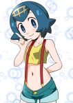 1girl blue_eyes blue_hair closed_mouth cosplay denim hainchu hairband jeans lana_(pokemon) looking_at_viewer misty_(pokemon) navel pants pokemon pokemon_(anime) pokemon_(game) pokemon_sm short_hair shorts simple_background smile solo suspenders 