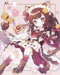  1girl animal_ear_fluff animal_ears boots brown_hair chopsticks dog_ears dog_girl dog_tail food food_focus frills highres holding japanese_clothes long_hair looking_at_viewer maid_headdress original saijo1201 solo soup tail wa_maid wagashi 