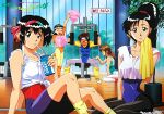  1990s_(style) 5girls arm_up bendy_straw black_eyes black_hair blue_leotard blush brown_hair closed_eyes constricted_pupils cropped_shirt cup drink drinking drinking_straw exercise full-face_blush hairband headband high_ponytail holding holding_towel idol_boueitai_hummingbird leg_warmers leotard looking_at_viewer multiple_girls non-web_source official_art open_mouth parted_lips pom_pom_(cheerleading) red_leotard redhead retro_artstyle shirt sitting sleeves_rolled_up standing sweat tied_shirt toreishi_kanna toreishi_mina toreishi_satsuki toreishi_uzuki toreishi_yayoi towel wardrobe_malfunction weight_machine white_shirt wristband 