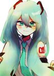  1girl absurdres aqua_eyes aqua_hair closed_mouth detached_sleeves eyebrows eyebrows_visible_through_hair hair_between_eyes hatsune_miku highres looking_at_viewer necktie nose shirt sleeveless sleeveless_shirt smile solo twintails upper_body vocaloid white_background ysys_07 