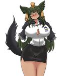  absurdres animal_ears anubis_(monster_girl_encyclopedia) arm_hair bare_legs blush breasts cleavage_cutout clothing_cutout deculture feet_out_of_frame glasses green_eyes green_hair highres huge_breasts id_card long_hair miniskirt monster_girl monster_girl_encyclopedia second-party_source side_slit skirt sweatdrop tail 