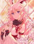  1girl animal_ears bangs bare_shoulders cherry_blossoms flower fox_ears highres holding holding_flower honkai_(series) honkai_impact_3rd japanese_clothes long_hair looking_at_viewer miko open_mouth pink_hair purple_scarf scarf solo violet_eyes white_sleeves yae_sakura yae_sakura_(gyakushinn_miko) 