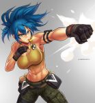  1girl abs black_gloves blue_eyes blue_hair breasts cleavage commission crop_top dog_tags gloves hybridmink jewelry large_breasts leona_heidern long_hair midriff muscular muscular_female navel necklace ponytail punching simple_background solo the_king_of_fighters the_king_of_fighters_xiv 