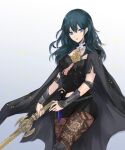  1girl absurdres bangs black_cape black_shorts blue_eyes blue_hair byleth_(fire_emblem) cape fire_emblem fire_emblem:_three_houses gradient gradient_background grey_background hair_between_eyes hele highres holding holding_sword holding_weapon legwear_under_shorts long_hair looking_at_viewer pantyhose parted_lips shiny shiny_hair short_shorts shorts solo standing straight_hair sword weapon 