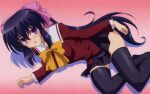  1girl blue_hair blush bow breasts hair_bow isono_satoshi large_breasts long_hair lying noihara_himari official_art omamori_himari on_side parted_lips ponytail school_uniform skirt smile solo thigh-highs very_long_hair violet_eyes zettai_ryouiki 