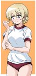  bangs blonde_hair blue_eyes border braid bright_pupils buruma closed_mouth commentary cowboy_shot darjeeling_(girls_und_panzer) eyebrows_visible_through_hair girls_und_panzer gym_shirt gym_uniform hand_on_own_arm highres light_blush looking_at_viewer navel orange_background outside_border ponzu_rui red_buruma shirt short_hair short_sleeves simple_background smile solo standing tied_hair twin_braids white_border white_pupils white_shirt 