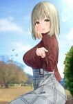  1girl absurdres bench blurry blurry_background breasts bush clouds cloudy_sky dating day dress eyebrows_visible_through_hair hair_between_eyes highres light_brown_eyes light_brown_hair nagi_aoi open_mouth original park park_bench pov_dating shiny shiny_hair sky smile solo sunlight sweater turtleneck turtleneck_sweater 