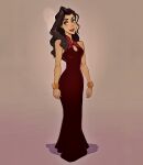  1girl asami_sato avatar:_the_last_airbender bracelet breasts brown_hair china_dress chinese_clothes contrapposto formal full_body green_eyes long_dress long_hair looking_at_viewer owler smile standing the_legend_of_korra 