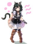  1girl animal_ears armor belt belt_boots black_fur black_gloves black_hair black_legwear black_tail blue_eyes blush body_armor boots breastplate bright_pupils brown_belt brown_choker brown_footwear cat_ears cat_girl cat_tail choker cowboy_boots dress earrings eyebrows_visible_through_hair fingerless_gloves fran_(tensei_shitara_ken_deshita) full_body gloves hair_between_eyes hand_up jewelry knee_boots leather leather_belt leather_boots light_blush long_hair one_eye_closed parted_lips puffy_sleeves shadow short_sleeves simple_background sorairo_(pixiv_29404031) standing tail tensei_shitara_ken_deshita thigh-highs white_background white_dress white_pupils 