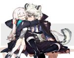  1boy 1girl :d ^_^ animal_ear_fluff animal_ears arknights baiwei_er_hao_ji black_footwear black_gloves black_jacket black_pants black_shorts blue_shirt boots closed_eyes closed_mouth doctor_(arknights) female_doctor_(arknights) gloves grey_background grey_eyes grey_hair hood hood_down hooded_jacket hug jacket jacket_on_shoulders knee_boots kneehighs open_clothes open_jacket pants shirt short_shorts shorts silverash_(arknights) sitting smile tail two-tone_background vest white_background white_legwear white_vest 