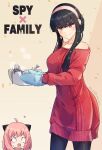  2girls anya_(spy_x_family) black_hair closed_mouth earrings food hairband highres himeyamato holding jewelry long_hair looking_at_viewer multiple_girls open_mouth pink_hair red_eyes simple_background smile spy_x_family standing sweater yor_briar 