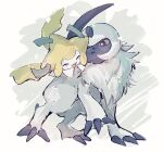  :d absol anzu_(01010611) bright_pupils claws closed_eyes closed_mouth highres jirachi no_humans open_mouth pokemon pokemon_(creature) red_eyes smile tongue white_pupils 