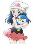  1girl beanie blue_eyes blue_hair blush cocoa_(p_cocoa_f) hair_ornament hairclip hat highres hikari_(pokemon) holding long_hair looking_at_viewer open_mouth piplup pokemon pokemon_(anime) pokemon_(creature) scarf simple_background skirt solo white_background white_headwear 
