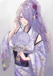  1girl alternate_costume alternate_hairstyle camilla_(fire_emblem) closed_mouth commentary_request detached_sleeves fire_emblem fire_emblem_fates floral_print flower hair_flower hair_ornament hair_over_one_eye hand_fan highres holding holding_fan japanese_clothes kimono lips long_hair looking_at_viewer obi one_eye_covered paper_fan pink_lips ponytail print_kimono purple_hair red_flower red_rose rose sash sidelocks simple_background smile snow20200 solo twitter_username very_long_hair violet_eyes wavy_hair yukata 