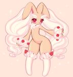  1girl animal_ears animal_nose berry_(berrycreme) blush body_fur brown_fur commentary cream english_commentary flat_chest food fruit full_body furry furry_female highres looking_at_viewer lopunny outstretched_arm parted_lips pink_background pokemon pokemon_(creature) rabbit_ears rabbit_girl red_eyes simple_background solo standing strawberry two-tone_fur white_fur wide_hips 