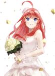  1girl ahoge bangs bare_shoulders blue_eyes blunt_bangs blush bouquet closed_mouth dress eyebrows_visible_through_hair floral_print go-toubun_no_hanayome hair_ornament highres holding holding_bouquet ishiyuki00 long_hair looking_at_viewer nakano_nino pink_hair shiny shiny_hair simple_background solo star_(symbol) star_hair_ornament tearing_up tears wedding_dress white_background 