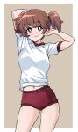  1girl alisa_(girls_und_panzer) arm_behind_head arms_up bangs border bright_pupils brown_eyes brown_hair buruma closed_mouth commentary_request cowboy_shot freckles girls_und_panzer grey_background gym_shirt gym_uniform hair_ornament highres looking_at_viewer midriff_peek navel outside_border ponzu_rui red_buruma shirt short_hair short_sleeves smile solo standing star_(symbol) star_hair_ornament white_border white_pupils white_shirt 