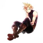  1boy armor_removed bandaged_arm bandages belt blonde_hair blue_eyes blue_shirt boots cloud_strife earrings final_fantasy final_fantasy_vii full_body gloves jewelry male_focus shirt single_earring sitting sleeveless sleeveless_turtleneck solo spiky_hair square_enix takanamushi turtleneck white_background 