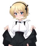  1girl aqua_eyes black_bow black_bowtie black_hairband black_skirt blonde_hair blush bow bowtie breasts collared_shirt darjeeling_(girls_und_panzer) girls_und_panzer hair_ornament hairband highres kuzuryuu_kennosuke large_breasts looking_at_viewer pleated_skirt shirt skirt solo white_shirt 