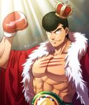  1boy black_eyes black_hair boxing_gloves cape championship_belt closed_mouth commentary_request crown gradient gradient_background hajime_no_ippo hand_up jin_akhr lens_flare looking_at_viewer male_focus muscular muscular_male red_cape scar scar_on_chest shiny short_hair smile solo spotlight takamura_mamoru thick_eyebrows tilted_headwear 