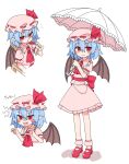  &gt;:) 1girl alcohol arms_up ascot back_bow bangs bat_wings blue_hair blush blush_stickers bobby_socks bow brooch claw_pose closed_mouth commentary cup drinking drinking_glass eyebrows_visible_through_hair fang frilled_shirt frilled_shirt_collar frilled_skirt frilled_sleeves frills full_body hair_between_eyes hat hat_ribbon highres holding holding_cup holding_umbrella jewelry looking_at_viewer mary_janes mob_cap multiple_views nihohohi open_mouth parasol pink_legwear pink_shirt pink_skirt pointy_ears puffy_short_sleeves puffy_sleeves red_ascot red_bow red_eyes red_ribbon remilia_scarlet ribbon sash shiny shiny_hair shirt shoes short_hair short_sleeves simple_background skirt skirt_set smile socks touhou translation_request umbrella upper_body v-shaped_eyebrows white_background wine wine_glass wings 