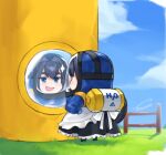  1girl bangs blue_eyes blue_hair building dasdokter fence gloves grass hair_intakes helmet hololive hololive_english maid ouro_kronii powerwash_simulator reflection shirt short_hair skirt smile virtual_youtuber water_tank 