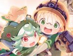  2girls blonde_hair brown_gloves brown_headwear child coat creature creature_on_head curly_hair eyebrows_visible_through_hair glasses gloves glowing green_coat green_eyes green_gloves green_headwear hat headlamp helmet hosoi_mieko made_in_abyss meinya_(made_in_abyss) multiple_girls open_mouth prushka red_eyes riko_(made_in_abyss) shirt short_hair teeth whistle whistle_around_neck white_hair white_shirt 