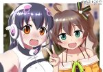  african_penguin_(kemono_friends) animal_ears black_eyes black_hair brown_hair gloves green_eyes highres kemono_friends kemono_friends_v_project long_hair microphone multicolored_hair multiple_girls natsuiro_matsuri open_mouth ribbon shoes skirt taguchi_makoto tail virtual_youtuber 