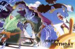  black_hair blue_skin coat coat_on_shoulders colored_skin dougi facial_hair fangs fangs_out fish_boy happy_birthday highres jinbe_(one_piece) karate karate_gi male_focus multiple_views one_piece qin_(7833198) water younger 