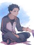  1boy black_hair black_pants emilia_(re:zero) holding_hands long_sleeves looking_at_another male_focus natsuki_subaru out_of_frame pants re:zero_kara_hajimeru_isekai_seikatsu shake_sawa smile solo_focus track_suit twitter_username 