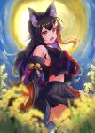  1girl animal_ear_fluff animal_ears bangs bell black_hair blush breasts eyebrows_visible_through_hair hair_between_eyes hair_ornament hairclip highres hololive hololive_gamers long_hair looking_at_viewer meadow mihaeru moon multicolored_hair night night_sky ookami_mio open_mouth redhead sky smile streaked_hair tail thighs virtual_youtuber wolf_ears wolf_girl wolf_tail yellow_eyes 