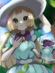  1girl absurdres arm_up bangs blonde_hair blurry blush closed_mouth commentary_request day dress eyelashes green_dress green_eyes hand_up hat highres kurumiya_(krmy_p) lillie_(pokemon) long_hair looking_at_viewer official_alternate_costume outdoors pink_nails pokemon pokemon_(creature) pokemon_(game) pokemon_masters_ex polteageist short_sleeves smile white_headwear 
