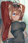  1girl ;&lt; aciddrop_(arknights) ahoge arknights armpit_peek arms_behind_head arms_up bandaid bandaid_on_face bangs black_shirt blew_andwhite blue_eyes blush breasts brown_hair closed_mouth covered_navel dated eyebrows_visible_through_hair eyewear_on_head feather_hair highres large_breasts long_hair motion_lines necktie shirt signature solo sunglasses taut_clothes taut_shirt upper_body yellow_necktie 