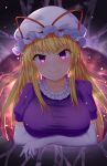  1girl absurdres arms_under_breasts bangs black_background blonde_hair breasts closed_mouth elbow_gloves eyebrows_visible_through_hair gap_(touhou) gloves hat hat_ribbon highres large_breasts long_hair looking_at_viewer mob_cap ribbon short_sleeves smile solo touhou upper_body violet_eyes white_gloves white_headwear yakumo_yukari yosshy 