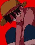  1boy absurdres black_eyes black_hair hat highres hunched_over looking_at_viewer male_focus monkey_d._luffy one_piece onohi open_mouth red_background sleeveless solo straw_hat 
