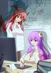  2girls absurdres book breasts crescent crescent_hair_ornament demon_wings desk drawing drawing_tablet hair_ornament hair_ribbon head_wings hehejiu highres holding indoors koakuma large_breasts light long_hair long_sleeves monitor multiple_girls no_hat no_headwear open_mouth patchouli_knowledge pentagram purple_hair red_eyes redhead ribbon shadow shirt stack tissue_box touhou violet_eyes white_shirt wings 