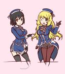  2girls ;d atago_(kancolle) black_gloves black_hair black_legwear blonde_hair breasts contrapposto cropped_legs futaba_masumi gloves green_eyes kantai_collection large_breasts long_hair looking_at_viewer multiple_girls one_eye_closed pantyhose pink_background red_eyes short_hair smile takao_(kancolle) thigh-highs thighs 