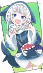  1girl :d blue_eyes blue_jacket blush fish_tail gawr_gura hololive hololive_english hood hooded_jacket ixy jacket looking_at_viewer shark_tail sharp_teeth smile solo tail teeth thighs two-tone_background upper_teeth virtual_youtuber 