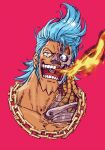  1boy artist_request blue_eyes blue_hair chain_necklace cropped_torso cyborg damaged fire franky hair_strand hashi84e highres injury long_sideburns male_focus mechanical_parts one_piece pink_background short_hair sideburns smile solo 